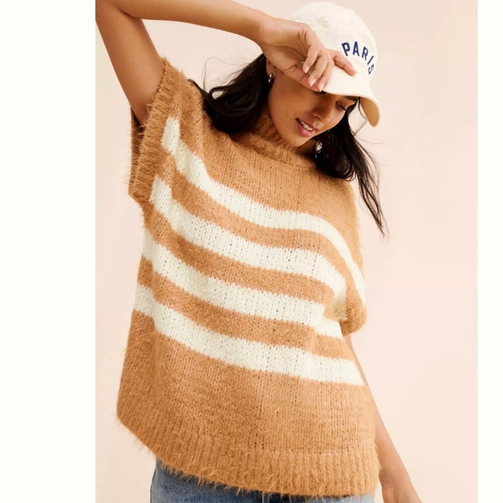 Anthropologie Pilcro Mock Neck Short Sleeve Tan Stripe Sweater S - Picture 3 of 7